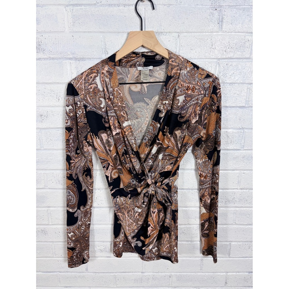 Cache Wrap Top Womens XS Black Beige Paisley Long Sleeve Tie Waist Y2K Career